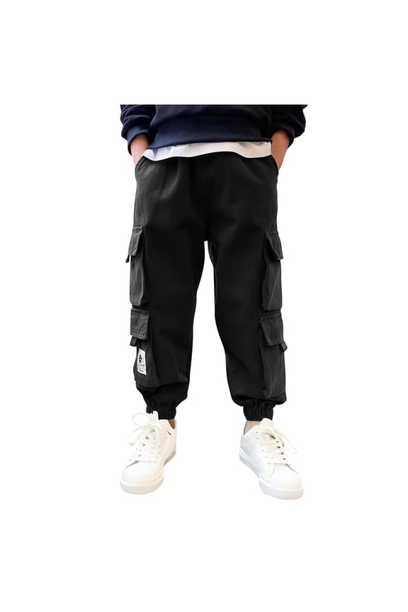 Kids Boys Cargo Pants Full Length Side Pockets Wide Leg School Wear Pants for Kids Black Size 3