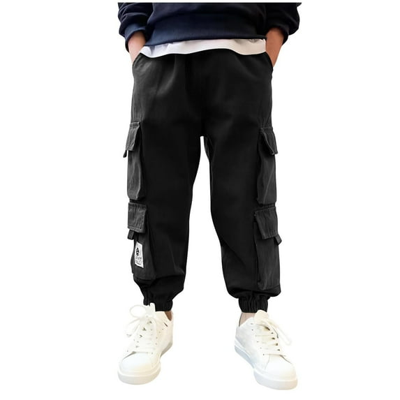 Babcutegg Kids Boys Cargo Pants Full Length Wide Leg Side Pockets School Wear Pants for Kids Black Size 9