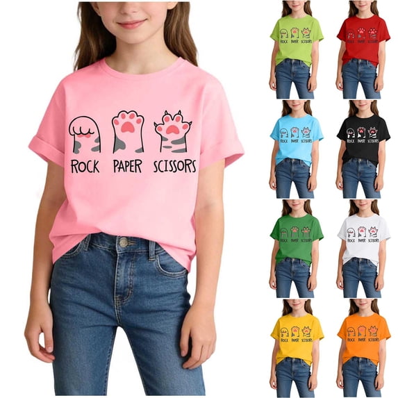 Babcutegg Kids Printed Round-Neck Short Sleeve T-Shirt – Casual Summer Top with Cat Paw Design, Soft Cotton Blend, Breathable Everyday Wear Pink Size 2-4
