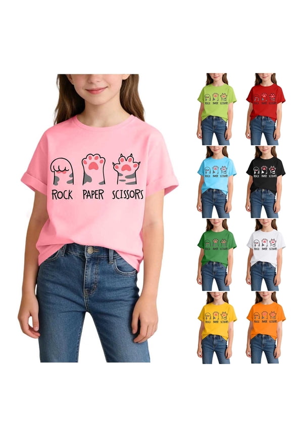 Kids Printed Round-Neck Short Sleeve T-Shirt – Casual Summer Top with Cat Paw Design, Soft Cotton Blend, Breathable Everyday Wear Red Size 4-6