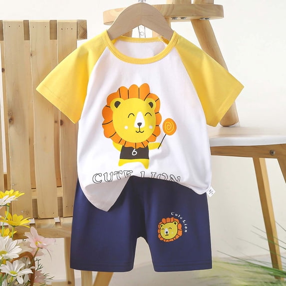 Babcutegg Kids Summer Cotton Short Sleeve Round Neck Top & Shorts Set – Printed Toddler Boy Girl Matching 2-Piece Outfit Multicolor Size 7-8