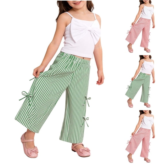 Babcutegg Kids Summer Outfit Set – Solid Color Short Sleeve Round Neck Blouse with Bow Detail + Striped Wide Leg Pants for Toddlers and Children Pink Size 3-4