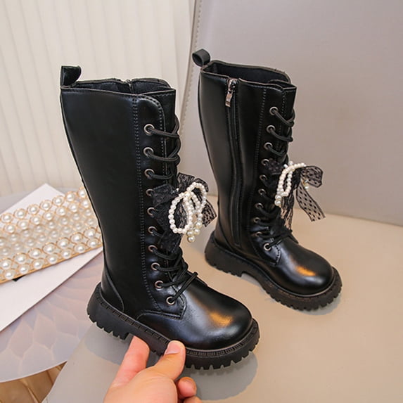 Babcutegg Knee High Leather Boots for Girls Side Zipper Non Slip Low Heel Fall Winter Fashion Princess Long Boots Black Size 1 Little Kid