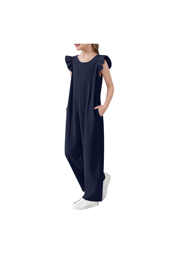 Long Pants for Toddler Girls Regular Fit Side Pockets Soild Color Clothes for Girls Navy