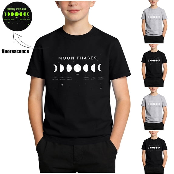 Babcutegg Luminous Moon Phase Printed Short Sleeve Round Neck T-Shirt – Glow-in-the-Dark Kids Casual Summer Top for Everyday Wear Black Size 1-2