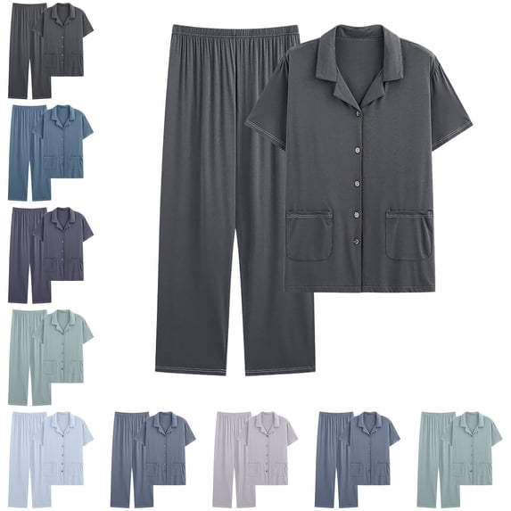 Babcutegg Mens Big & Tall Cotton Pajama Set Lapel Short Sleeve Button Up Top and Pants Two Piece Loungewear Gray Size 4XL