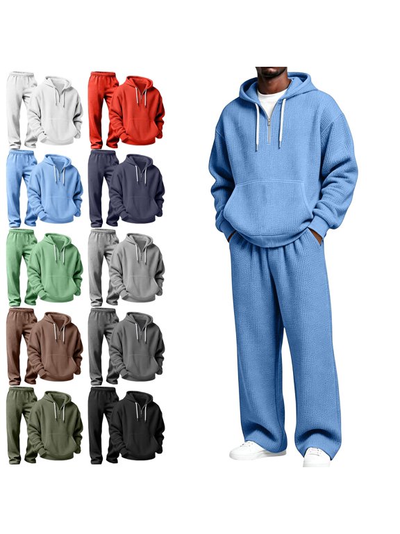 Mens Big & Tall Outfit Set Waffle Knit Half Zip Hoodie and Pants Two Piece Loose Casual Clothes Black Size 3XL