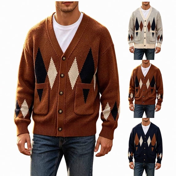 Babcutegg Mens Button Down Cardigan Sweater V-Neck Knit Long Sleeve Top Warm Casual Sweaters Size L