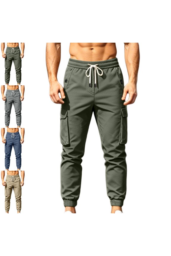 Mens Cargo Jogger Pants Drawstring Multi-Pocket Spring Fall Casual Active Tapered Pants Army Green Size L