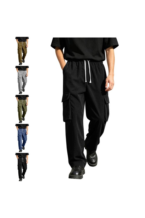 Mens Cargo Pants Drawstring Multi-Pocket Loose Fit Winter Fashion Casual Pants Black Size 3XL