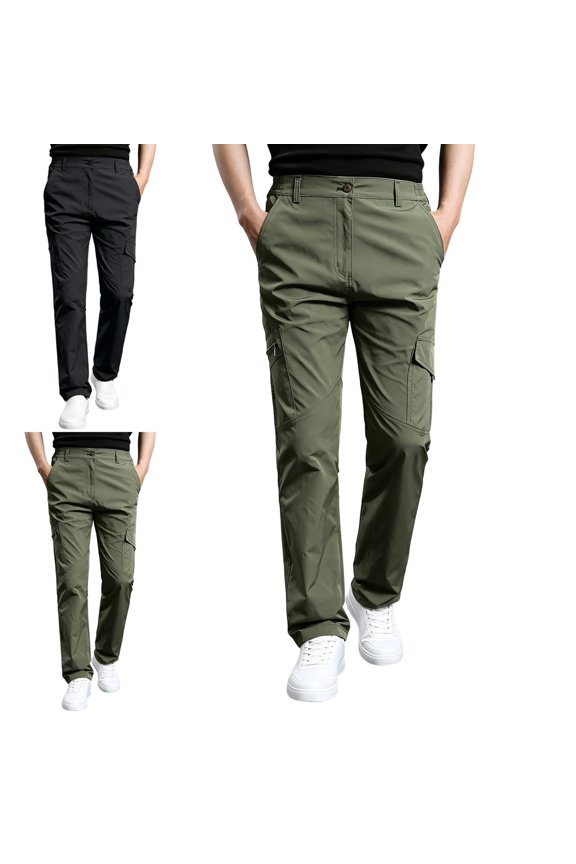 Mens Cargo Pants Elastic Waist Multi-Pocket Slim Fit Spring Fall Active Casual Pants Army Green Size L