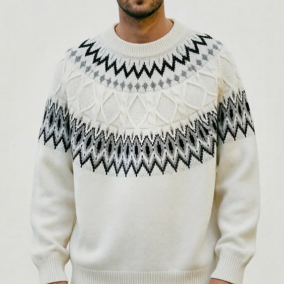 Babcutegg Mens Fair Isle Crewneck Sweater Long Sleeve Jacquard Knit Pullover Fall Winter Loose Casual Sweaters Size L