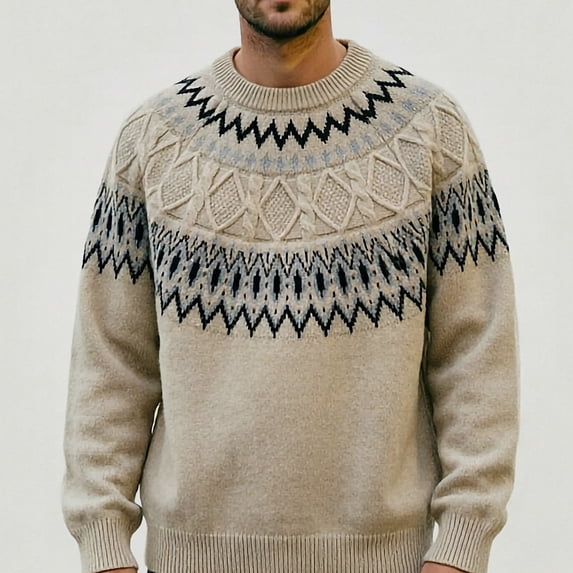 Babcutegg Mens Fair Isle Crewneck Sweater Long Sleeve Jacquard Knit Pullover Fall Winter Loose Casual Sweaters Size L