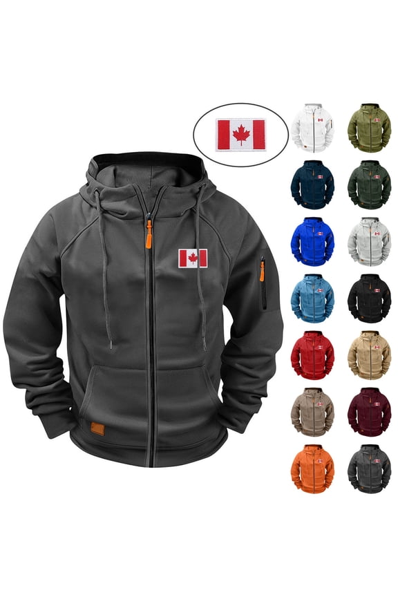 Mens Full Zip Hooded Jacket Canada Flag Embroidered Casual Athletic Outerwear with Multi Pockets Red Size 3XL