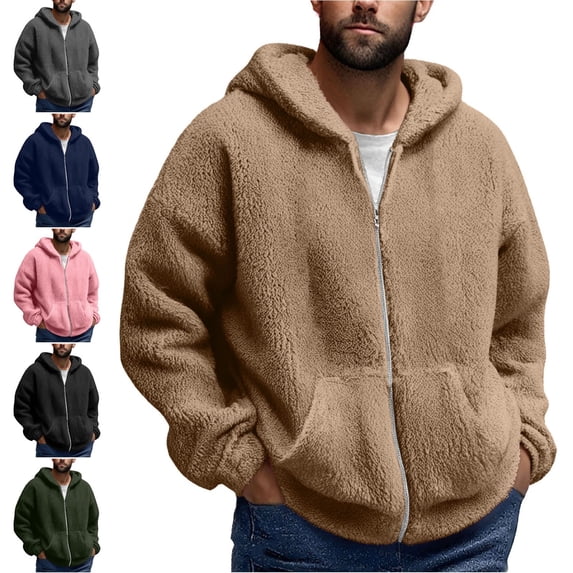 Babcutegg Mens Fuzzy Fleece Hooded Jacket Full Zip Cozy Sherpa Winter Warm Coat with Pockets Army Green Size M