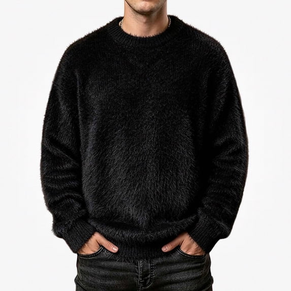 Babcutegg Mens Fuzzy Fleece Sweater Crew Neck Knit Long Sleeve Fall Winter Warm Casual Sweaters Size XL