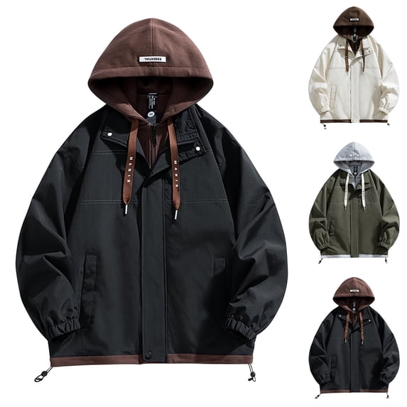 Babcutegg Mens Plus Size Hooded Jacket Zip Up Long Sleeve Layered Look Fall Casual Workwear Coat with Pockets Beige Size 3XL