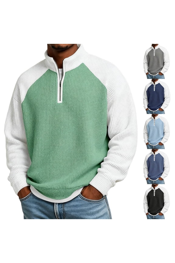 Mens Quarter Zip Waffle Knit Plus Size Pullover Raglan Sleeve Color Block Casual Sweatshirt Blue Size XL