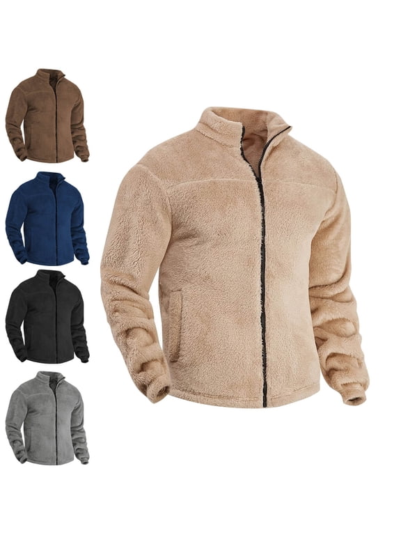 Mens Sherpa Fleece Stand Collar Jacket Full Zip Warm Winter Casual Coat with Side Pockets Black Size L