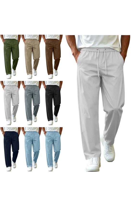 Mens Straight Leg Pants with Pockets Drawstring Elastic Waist Loose Casual Trousers Brown Size XL