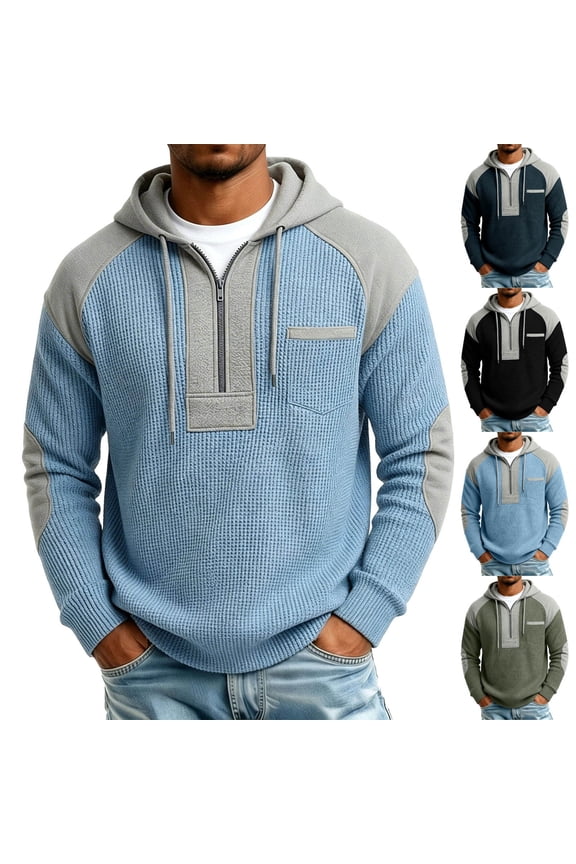 Mens Waffle Knit Quarter Zip Hoodie Color Block Raglan Sleeve Drawstring Pullover Top Light Blue Size M