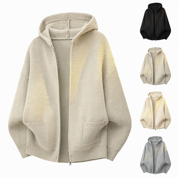 Babcutegg Mens Zip Up Hooded Knit Cardigan Sweater Loose Fit Long Sleeve Thermal Casual Sweaters for Winter Size M