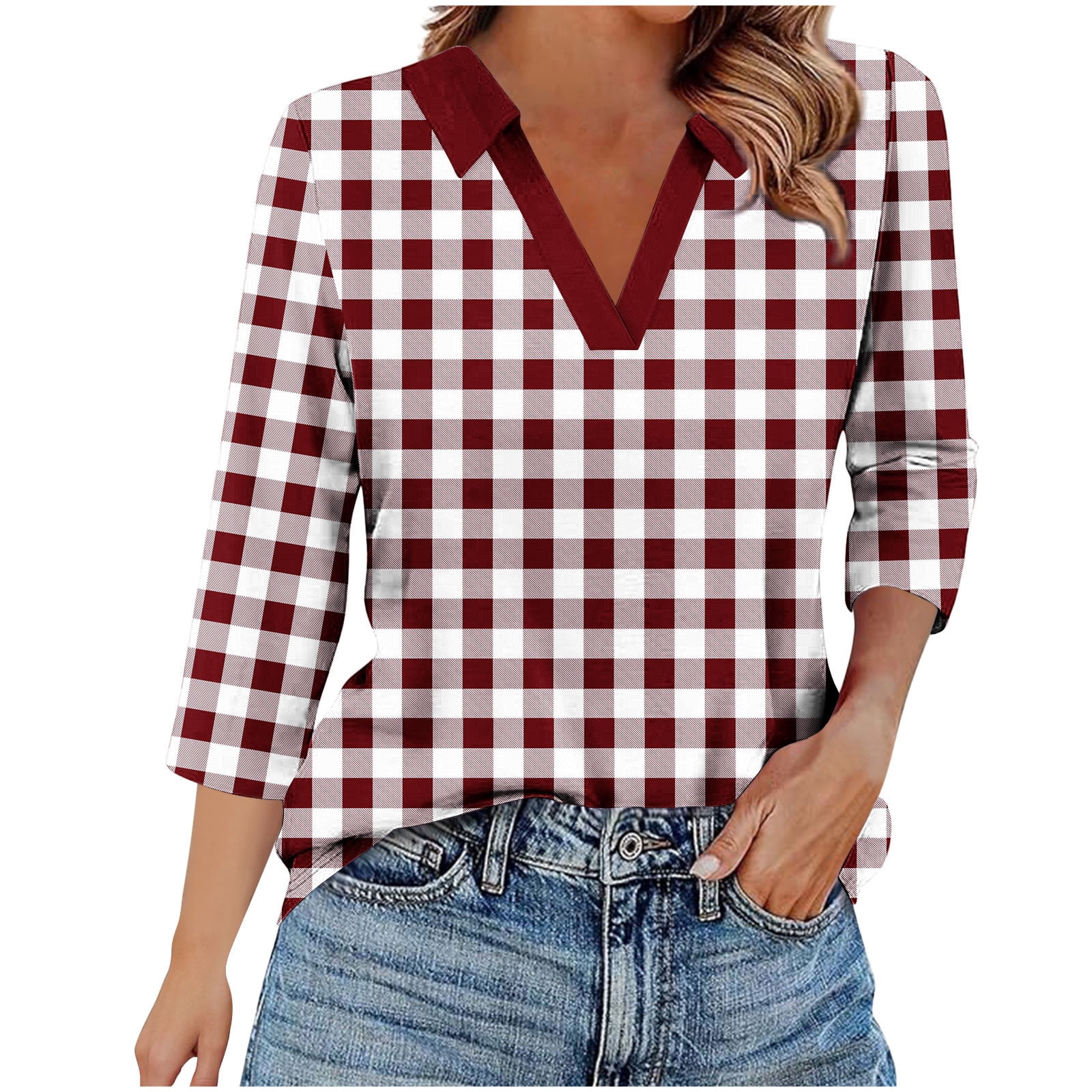 Babcutegg Oversized Tshirts for Women Checked Pattern 3/4 Sleeve V Neck ...