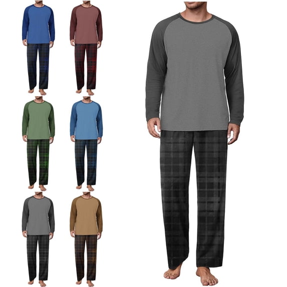 Babcutegg Pajama Set for Men Color Block Crewneck Raglan Sleeve Top and Plaid Pants Two Piece Comfy Loungewear Khaki Size 3XL