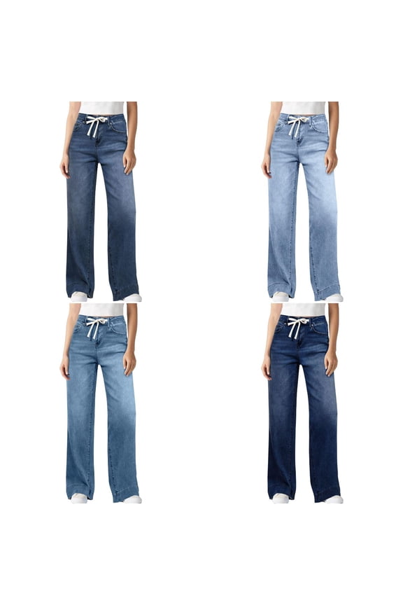 Pants for Women with Drawstring Straight Leg High Waist Wide Leg Jeans Long Length Fall and Winter Clothes for Women Light Blue Size M