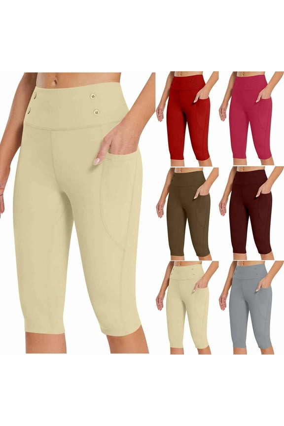 Plus Size Capris for Women Yoga Leggings High Waist Soild Color Pants for Women Khaki 2XL