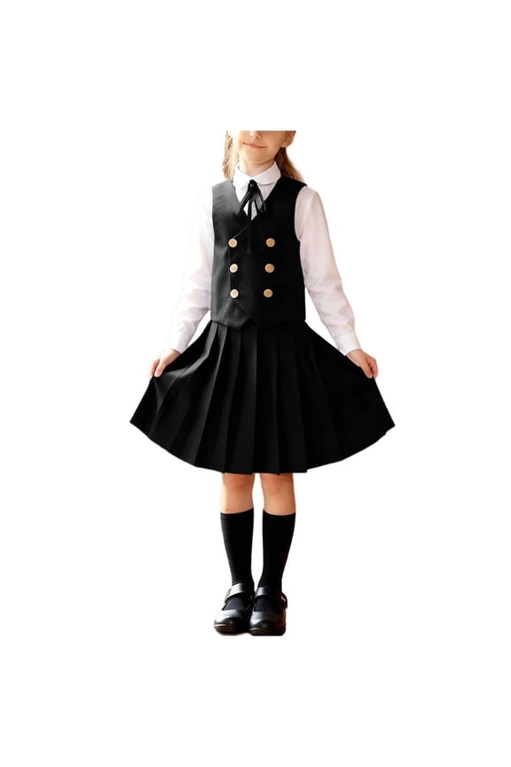 School Uniform Set for Girls Long Sleeve Shirts Lapel Sleeveless Dress Campus Style Shirts&Skirts&Necktie Set School Wear for Girls Black Size 3-4