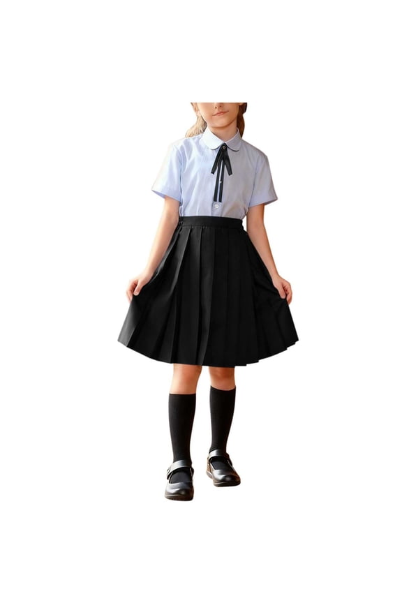 School Uniform Set for Girls Campus Style Short Sleeve High Waist Lapel Shirts&Skirts&Necktie Set School Wear for Girls Black Size 14-15