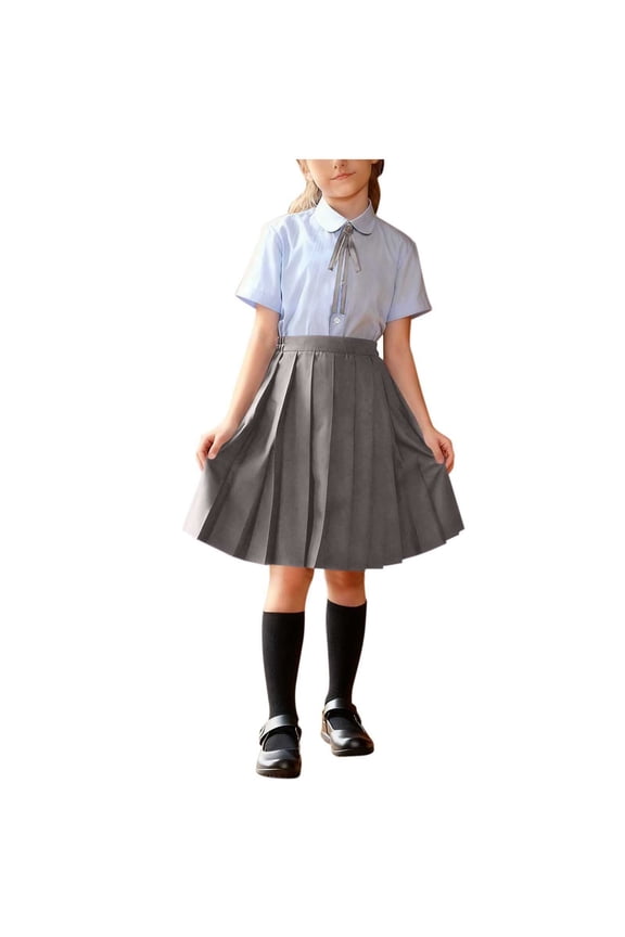 School Uniform Set for Girls Shirts&Skirts&Necktie Set High Waist Campus Style Short Sleeve Lapel School Wear for Girls Gray Size 5-6