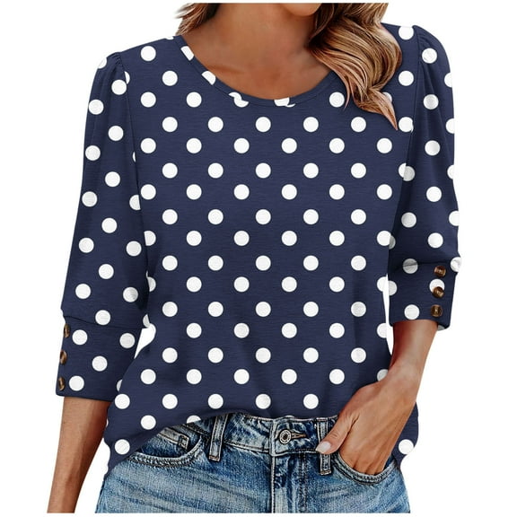 Babcutegg Shirts for Women Turndown Neck Soild Color 3/4 Sleeve Clothes for Women Navy