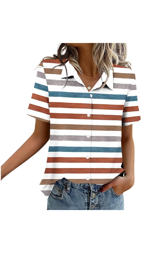 Shirts for Women with Button Regular Fiting Striped Pattern Womens Summer Tops Brown Size L