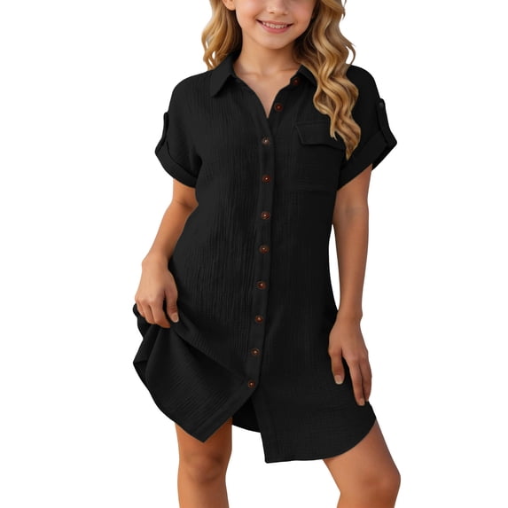 Babcutegg Soft Solid-Color Short-Sleeve Button-Up Shirt Dress With Front Pocket And Flowy Silhouette For Girls Black Size 9
