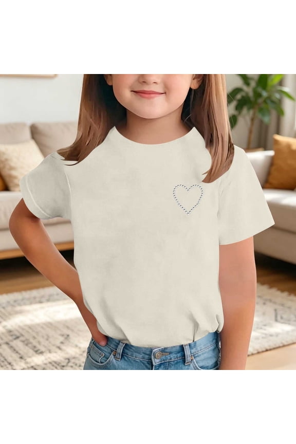 Solid Color Casual Short Sleeve Top With Subtle Rhinestone Accents And Minimalist Print For Kids Beige Size 2