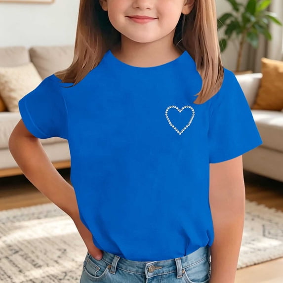 Babcutegg Solid Color Casual Short Sleeve Top With Subtle Rhinestone Accents And Minimalist Print For Kids Dark Blue Size 5