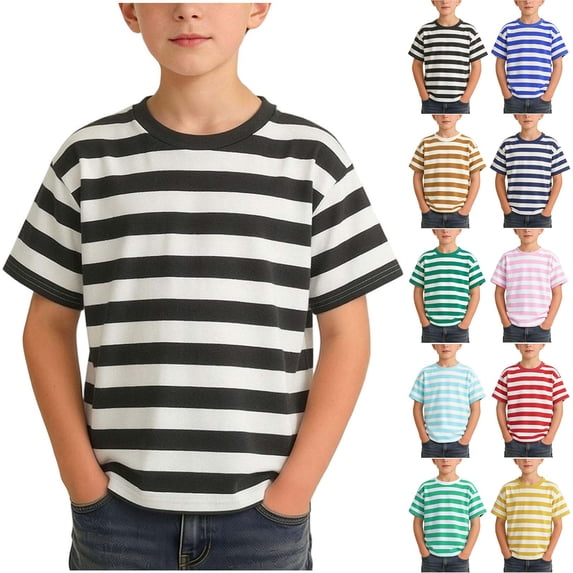 Babcutegg Striped Round-Neck Short-Sleeve T-Shirt for Kids – Lightweight Summer Casual Top, Breathable Cotton Blend Outerwear for Everyday Wear Black Size 2-3
