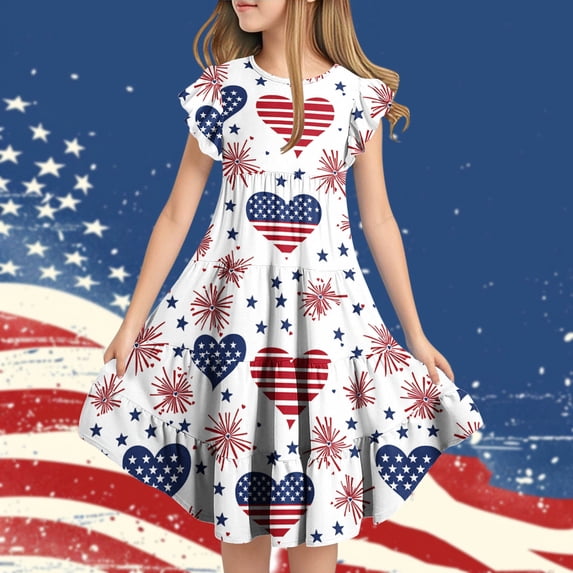 Babcutegg Stylish Summer Short Sleeve Ruffled Dress With Print Design, Round Neck, Functional Pockets And Tiered Skirt For Comfortable All-Day Wear White Size 6
