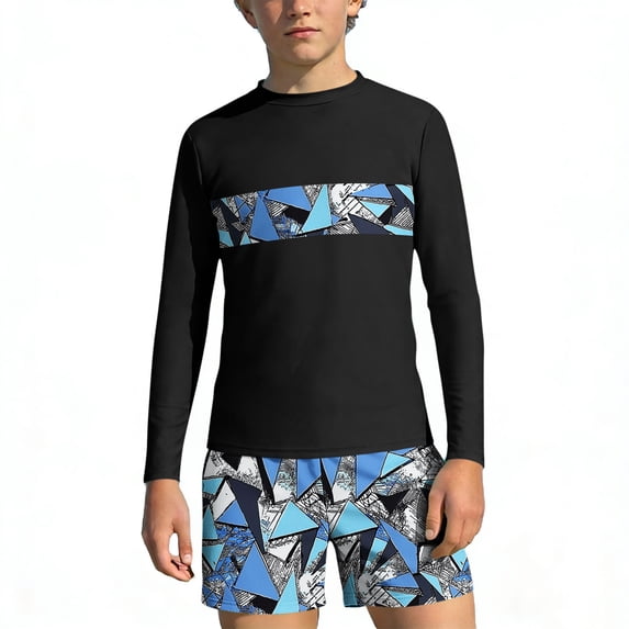 Babcutegg Summer Beach Two-Piece Swim Set for Kids – Long Sleeve Rash Guard Top with Tropical Print and Matching Swim Shorts for Sun Protection and Water Activities Black Size 11/12