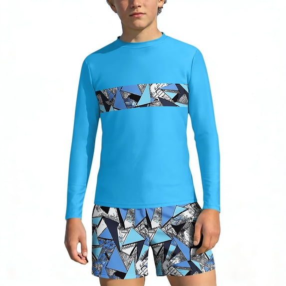 Babcutegg Summer Beach Two-Piece Swim Set for Kids – Long Sleeve Rash Guard Top with Tropical Print and Matching Swim Shorts for Sun Protection and Water Activities Sky Blue Size 7/8