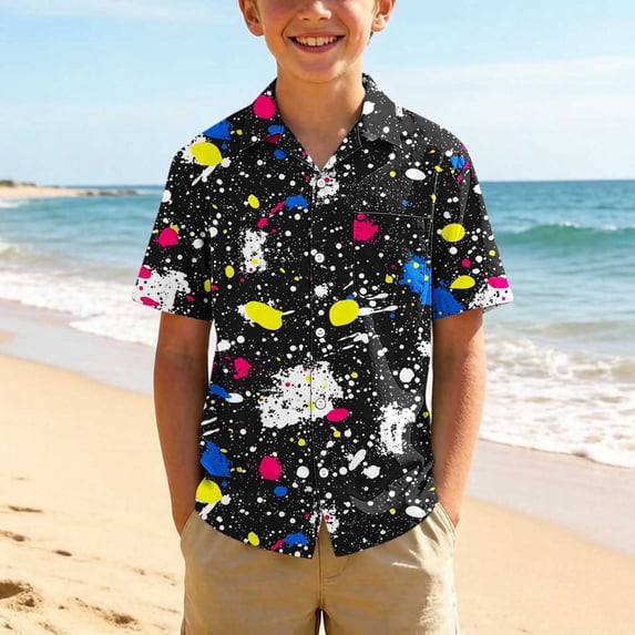 Babcutegg Summer Breathable Short Sleeve Turn-Down Collar Shirt With Tropical Print For Kids, Lightweight Comfortable Casual Top Multicolor Size 12
