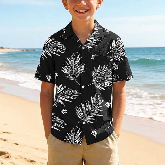 Babcutegg Summer Breathable Short Sleeve Turn-Down Collar Shirt With Tropical Print For Kids, Lightweight Comfortable Casual Top Multicolor Size 3