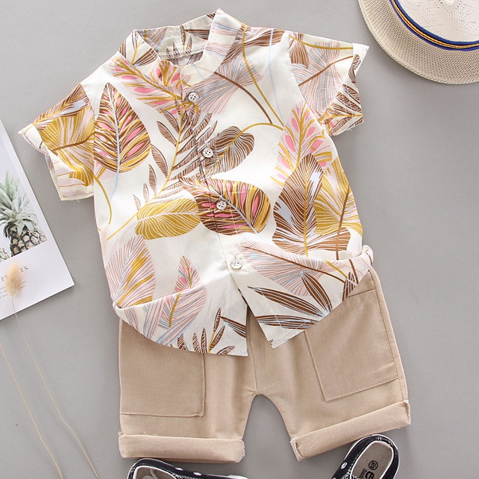 Baby Boys White Printed Shirt with Camel Brown Suspender Shorts main image 1