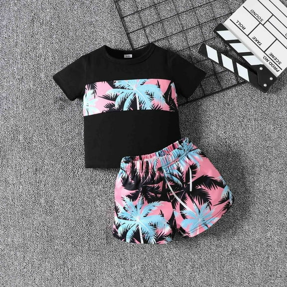 Babcutegg Summer Baby Short Shirt and Shorts Boys T-Shirt and Pants Sets Printed Tight Round Neck Hawaiian shirt Athletic Outfit Set Black Size 12 Months