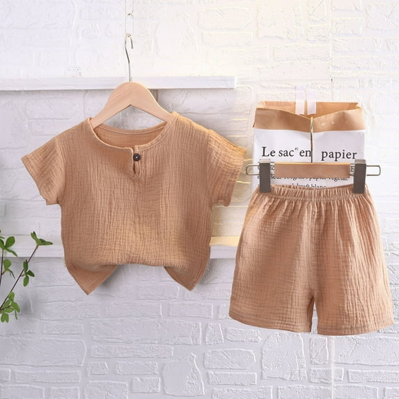 Babcutegg Summer Baby Short Shirt and Shorts Boys T-Shirt and Pants Sets Lapel Collar Button Athletic Outfit Set Khaki Size 3 Years