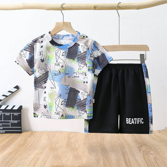 Babcutegg Summer Baby Short Shirt and Shorts Boys T-Shirt and Pants Sets Printed Athletic Outfit Set Light Blue Size 2 Years