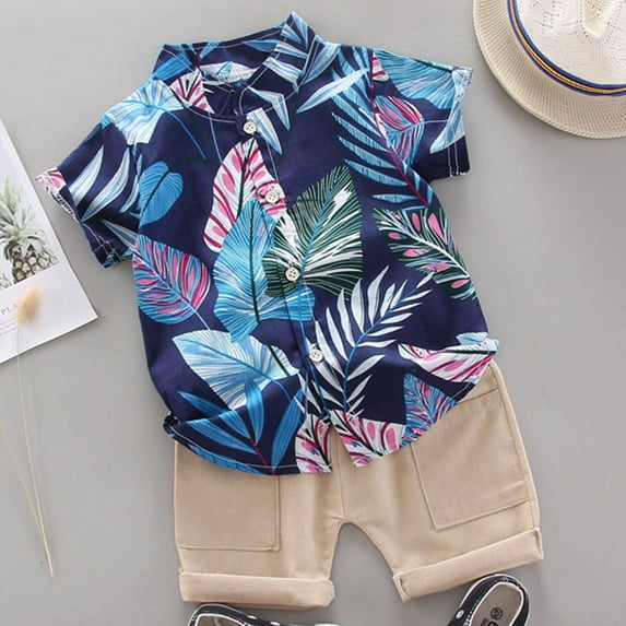 Babcutegg Summer Baby Short Shirt and Shorts Boys T-Shirt and Pants Sets Printed Lapel Collar Button Athletic Outfit Set Blue Size 5 Years