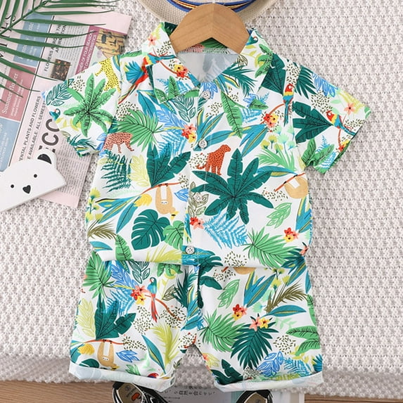 Babcutegg Summer Baby Short Shirt and Shorts Boys T-Shirt and Pants Sets Printed Lapel Collar Button Athletic Outfit Set White Size 1 Years